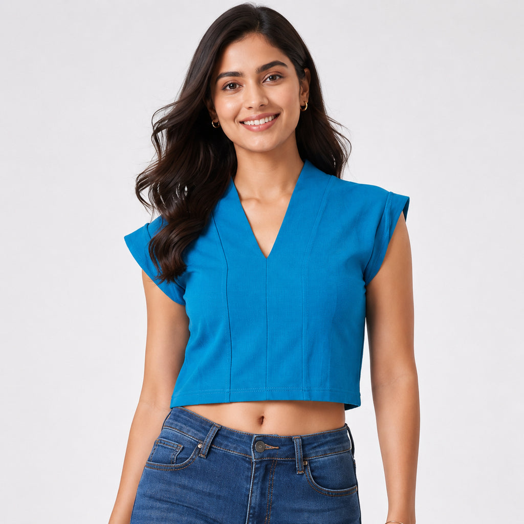 Women's Teal V-Neck Cap Sleeve Panelled Fitted Crop Top | Solid Modern Casual Blouse-2
