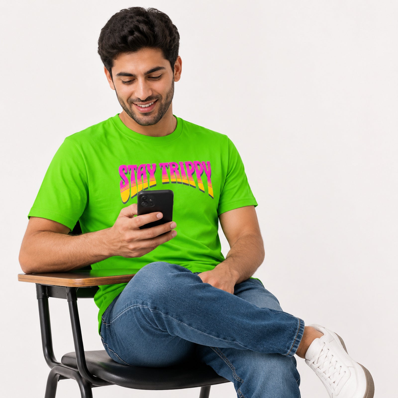 Men's “Stay Trippy” Neon Green Graphic T-Shirt-2