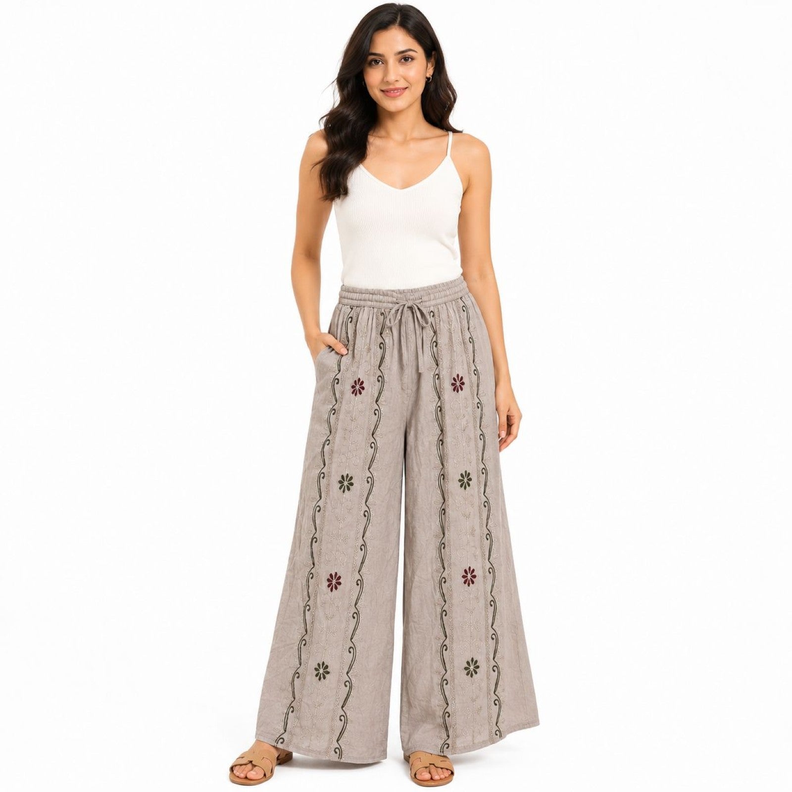Women's Beige Embroidered Wide Leg Palazzo Pants with Drawstring Waist-2