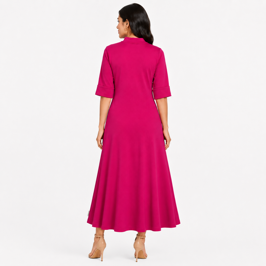Women's Pink Solid High Neck Three-Quarter Sleeve Maxi Dress-2