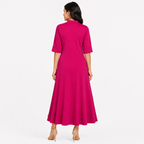 Women's Pink Solid High Neck Three-Quarter Sleeve Maxi Dress-2