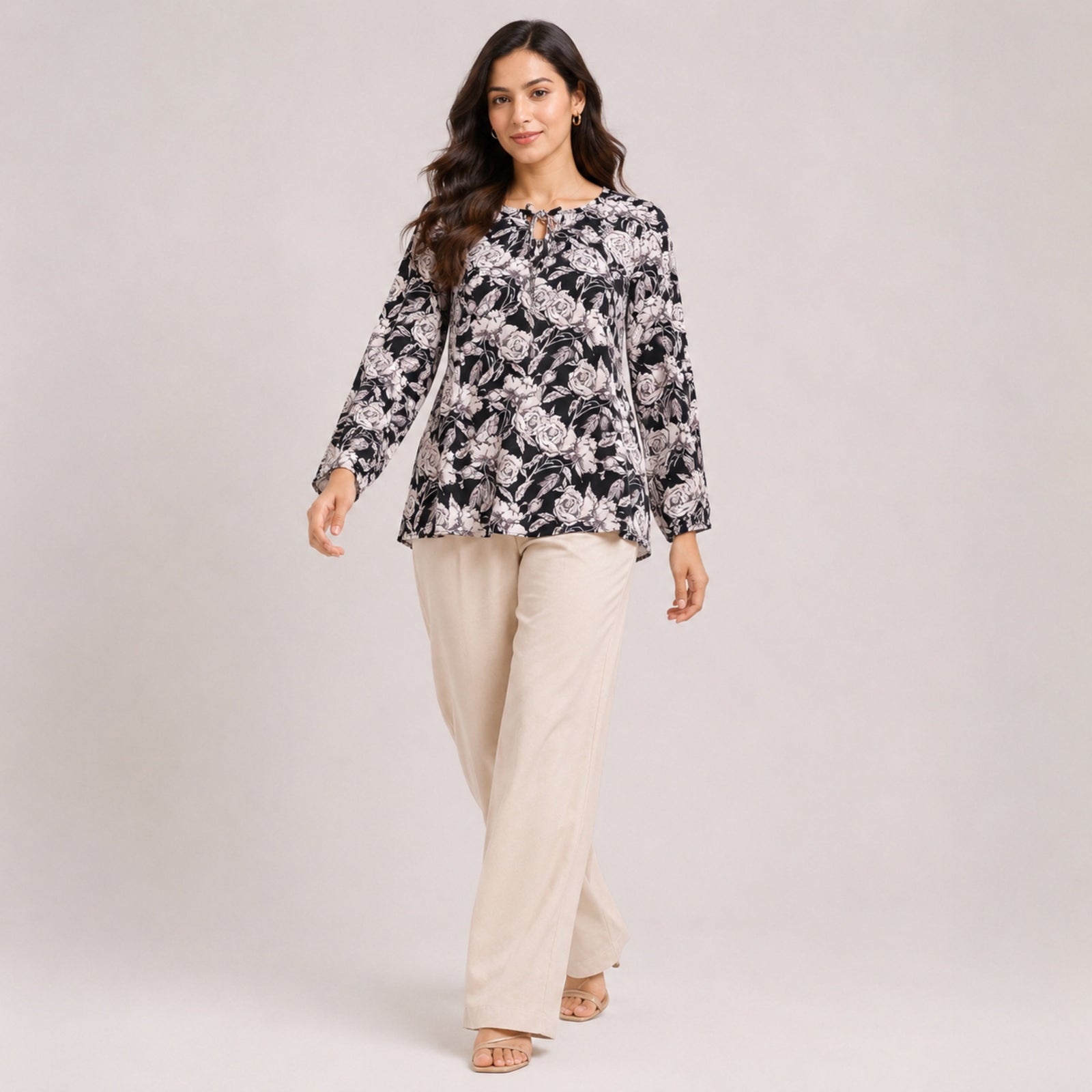 Women's Charming Monochrome Floral Print Keyhole Tunic Top-1