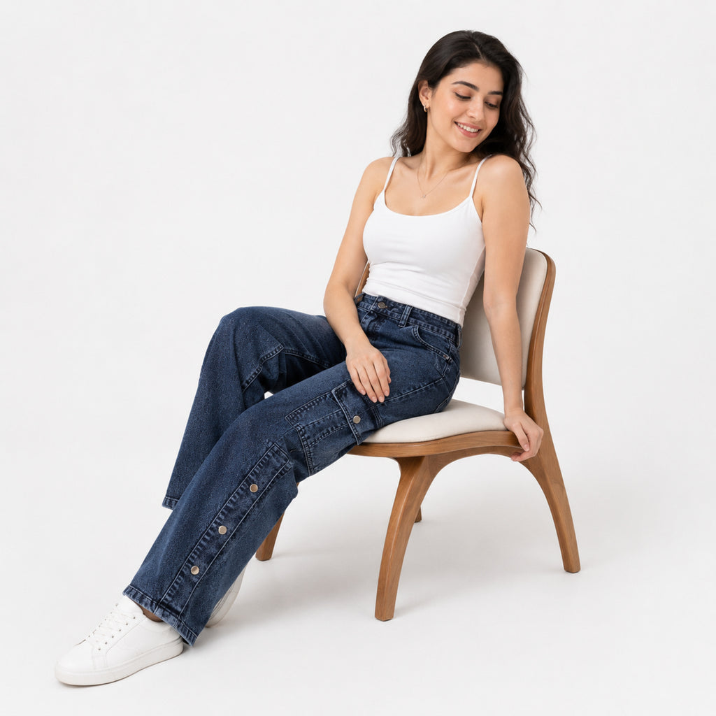 Women's Dark Wash Cargo Straight Fit Jeans-4