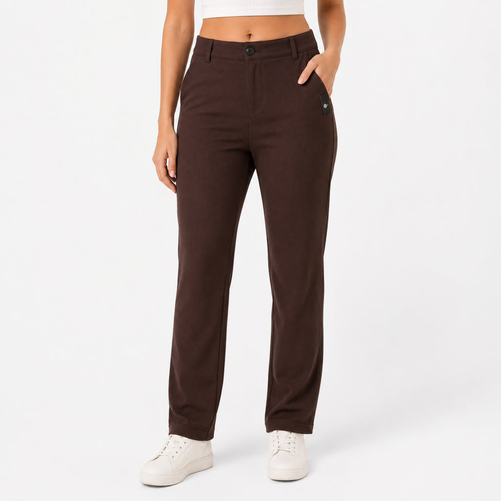 Women's Coffee Brown Ribbed Straight Fit Trousers-1