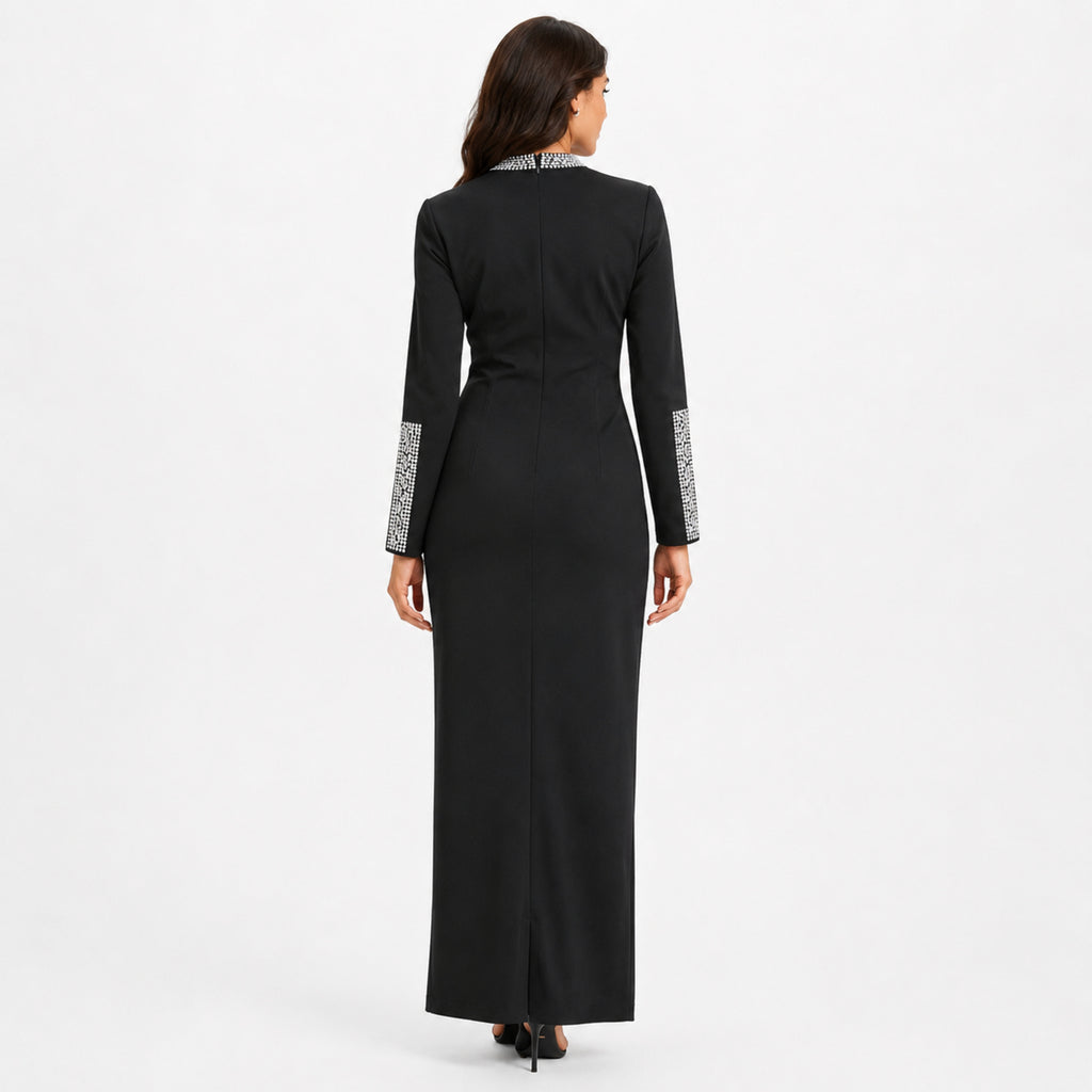 Women's Black Embellished High Neck Maxi Dress-4