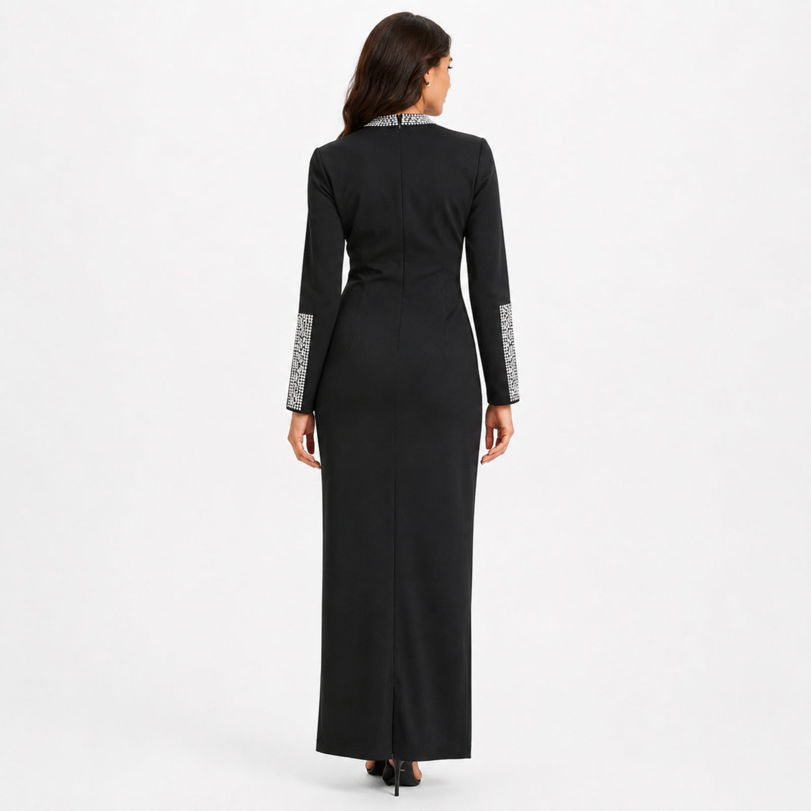 Women's Black Embellished High Neck Maxi Dress-4