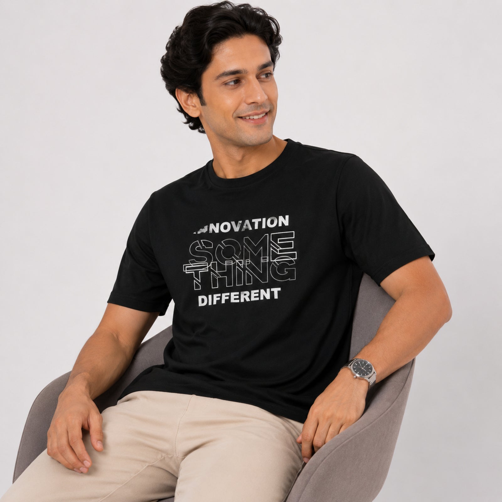 Men's Black Graphic Printed Crew Neck T-Shirt-3