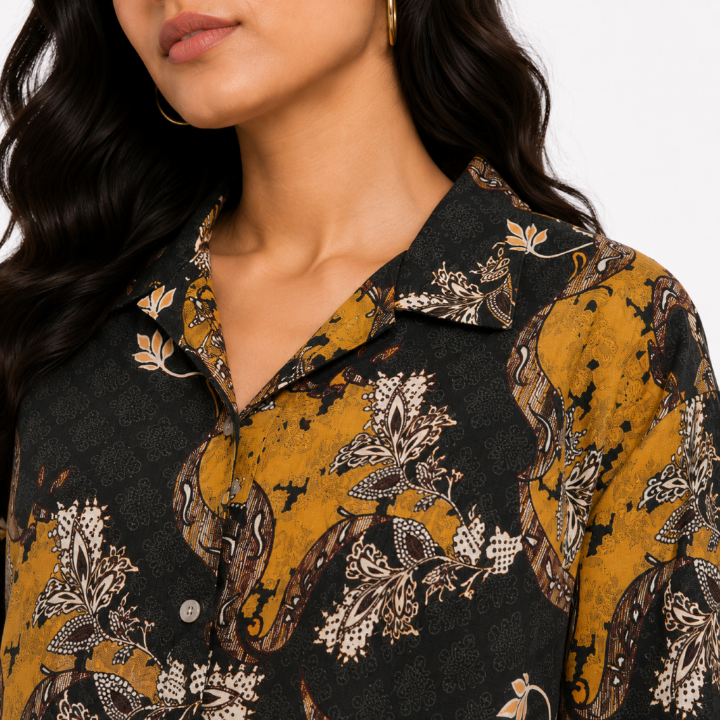 Women's Olive Green Paisley Print Collared Half Sleeve Crop Shirt-4