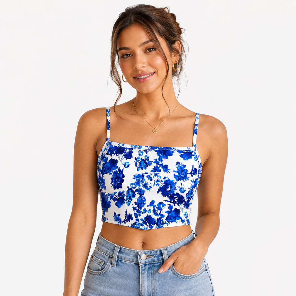 Women's Navy Blue Floral Printed Crop Cami Top-4