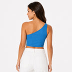 Women's Teal One Shoulder Crop Top | Solid Slim Fit Asymmetrical Casual Top-4