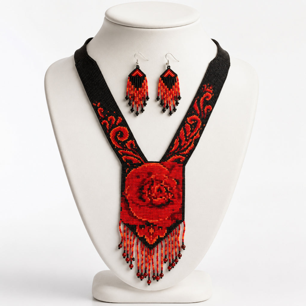 Handcrafted Red Rose Motif Beaded Statement Necklace and Earrings Set-1