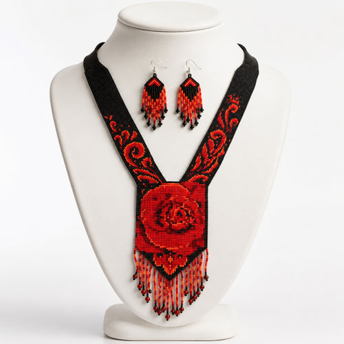 Handcrafted Red Rose Motif Beaded Statement Necklace and Earrings Set-1