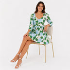 Women's Green Floral Print Sweetheart Neck Fit and Flare Mini Dress | Breezy Casual Day Dress-2