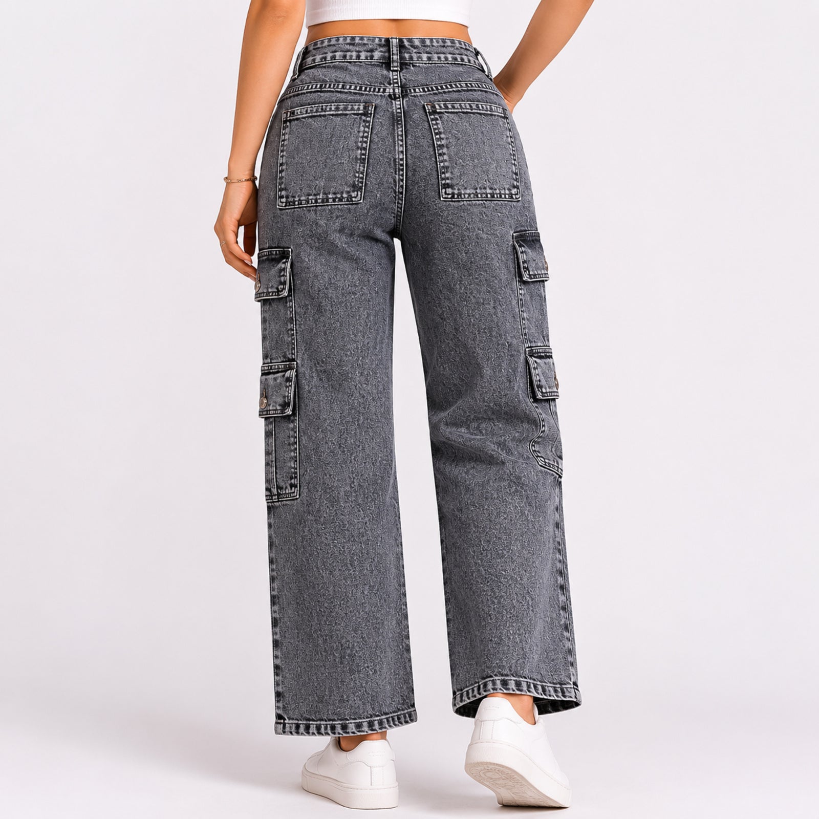 Women's Light Grey Cargo Fit Denim Jeans-4
