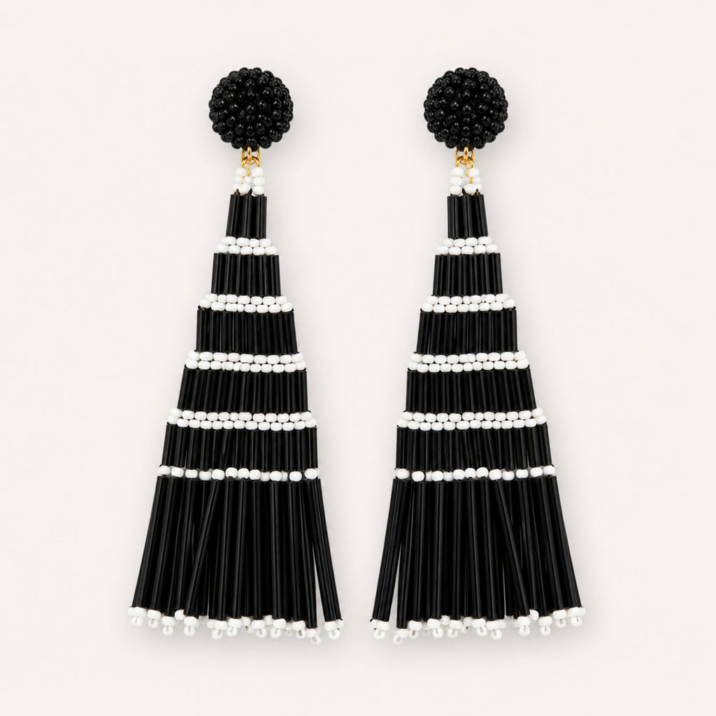 Women's Black Beaded Tassel Drop Earrings-1