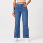 Women's Shimmering Diamond Studded Medium Blue Bootcut Jeans-1