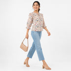 Women's Pastel Geometric Print Ruffle Sleeve Top-4