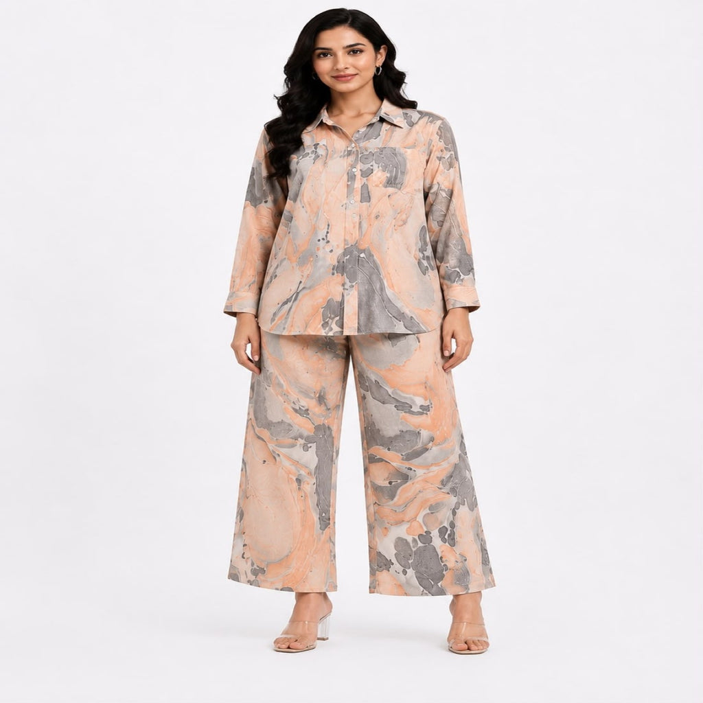 Women's Marble Print Co-Ord Set | Stylish Shirt & Wide Leg Pant Co-Ord Set for Women – Orange-1
