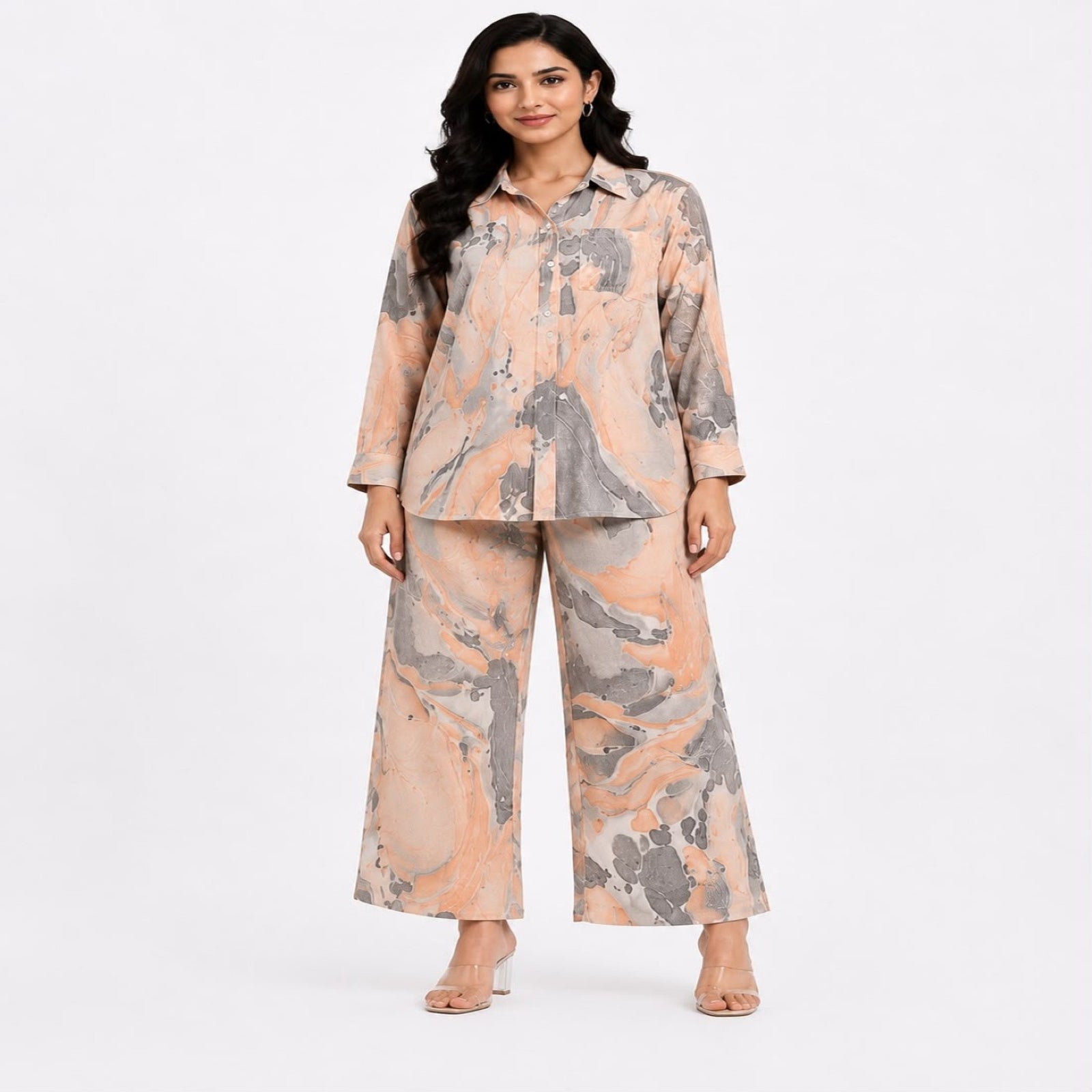 Women's Marble Print Co-Ord Set | Stylish Shirt & Wide Leg Pant Co-Ord Set for Women – Orange-1