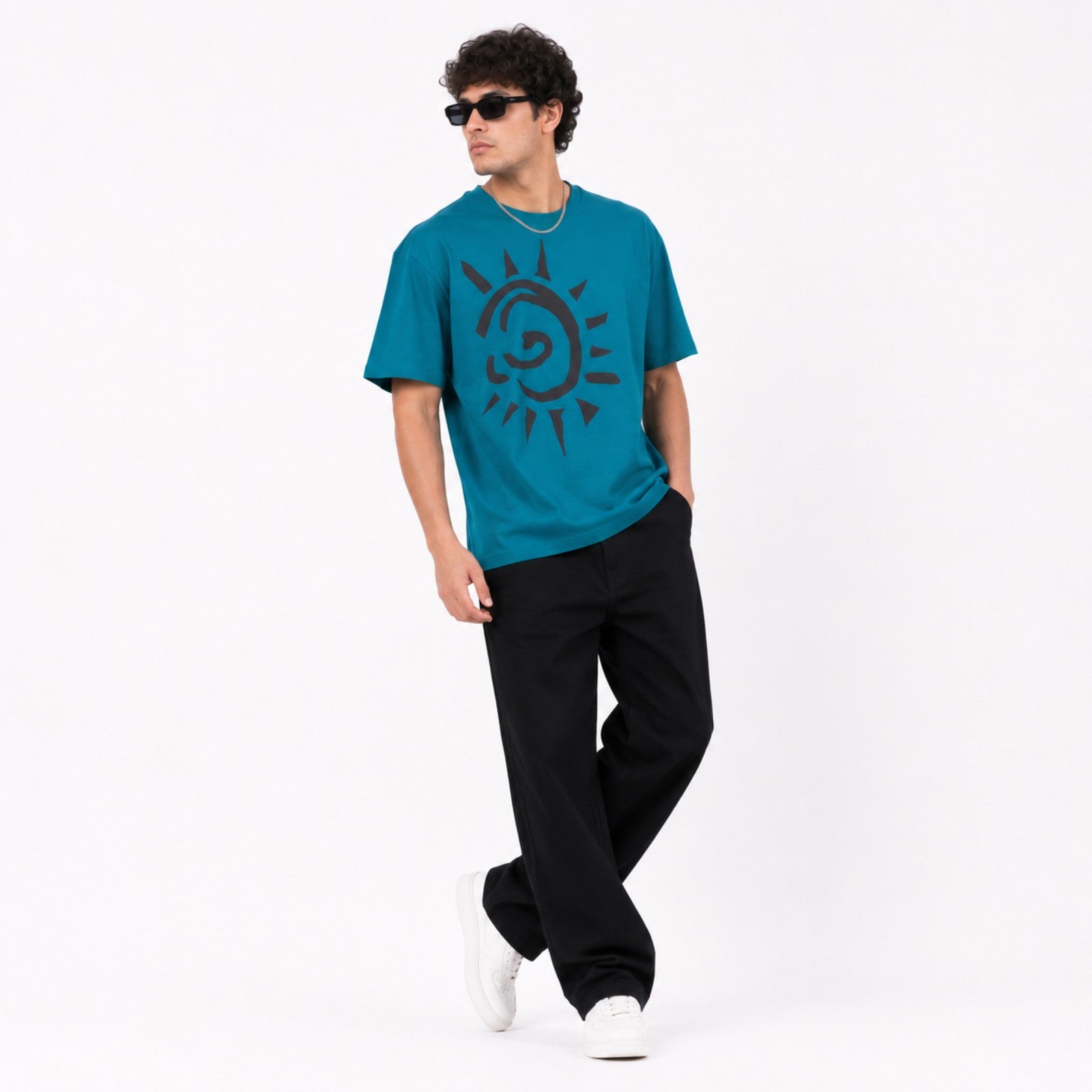 Men's Blue Sun Graphic Oversized T-Shirt-3