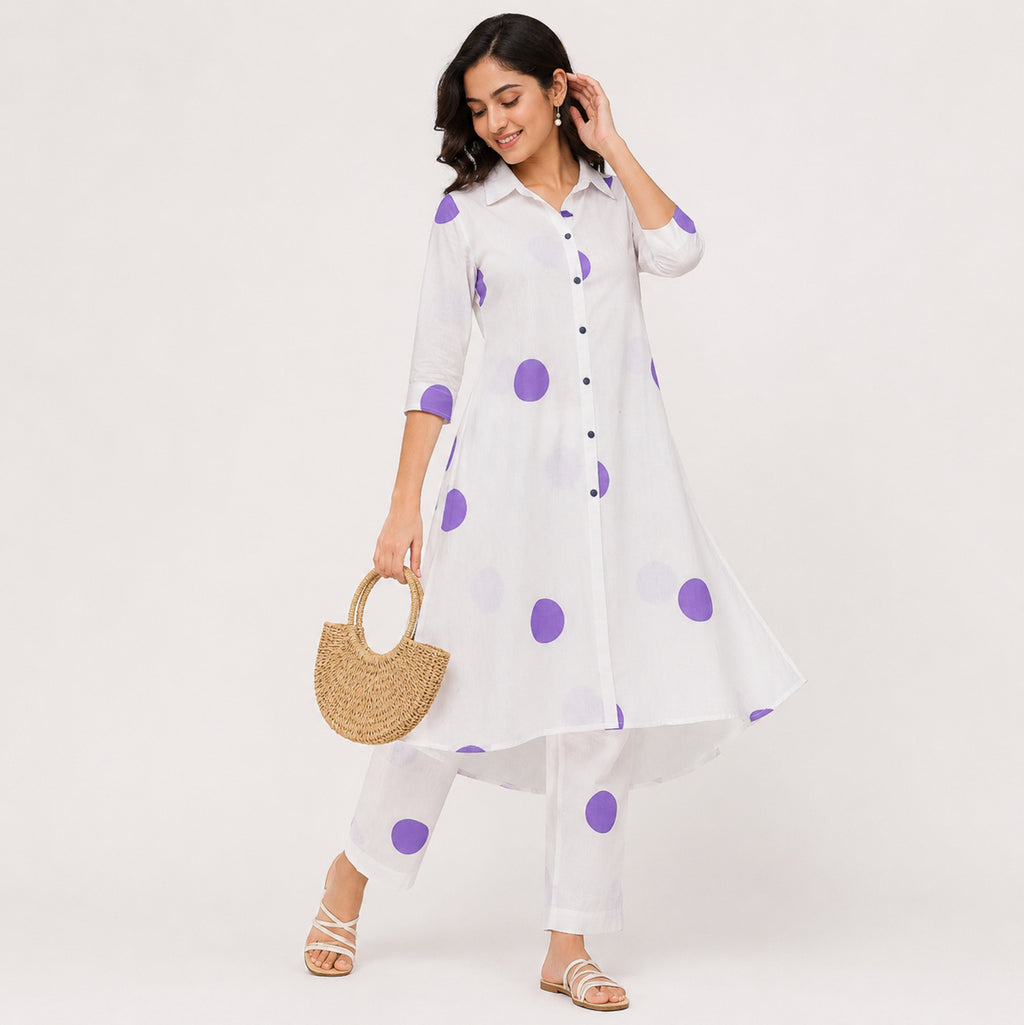 Women's White & Lavender Polka Dot Kurta Set-1