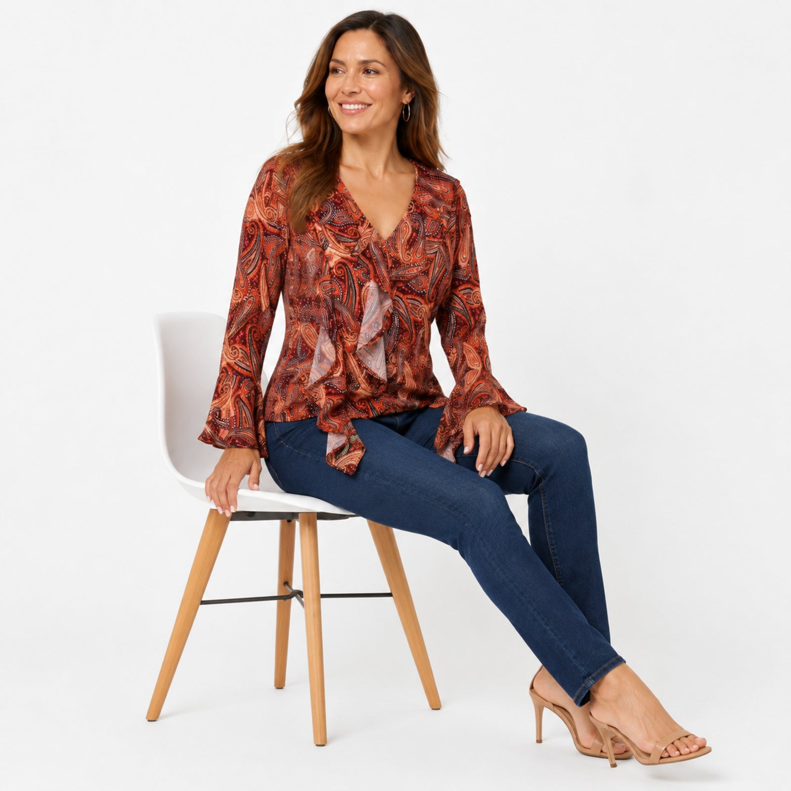 Women's Red Paisley Wrap Front Ruffle Top with Flared Sleeves-3