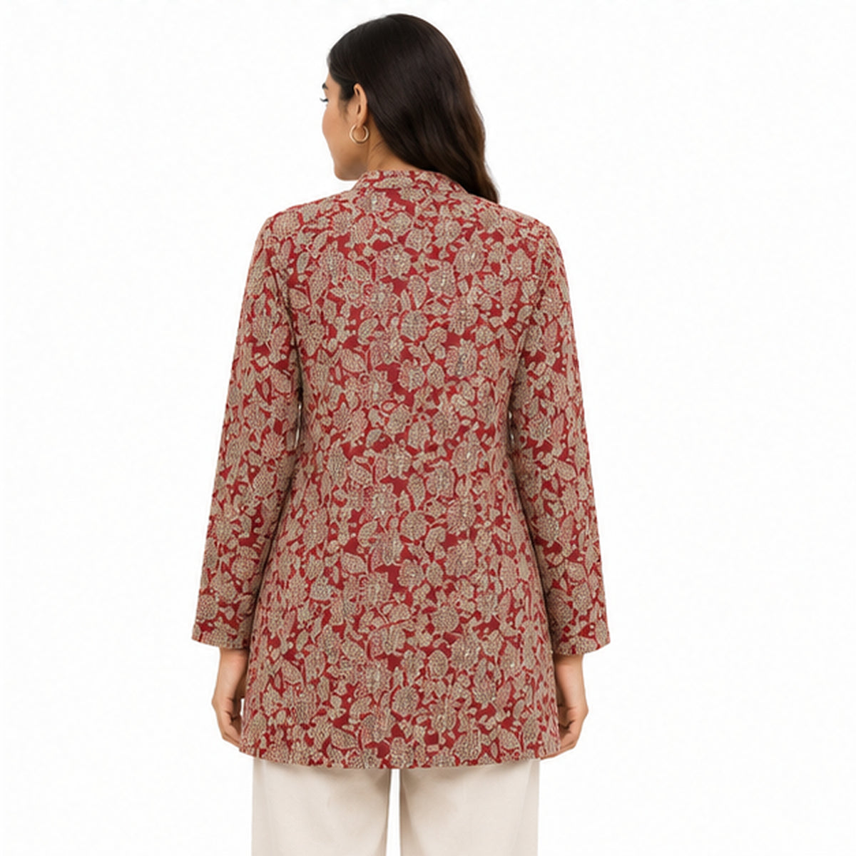 Women’s Red & Beige Printed Jacket – Full Sleeve Ethnic Jacket with Mandarin Collar-4