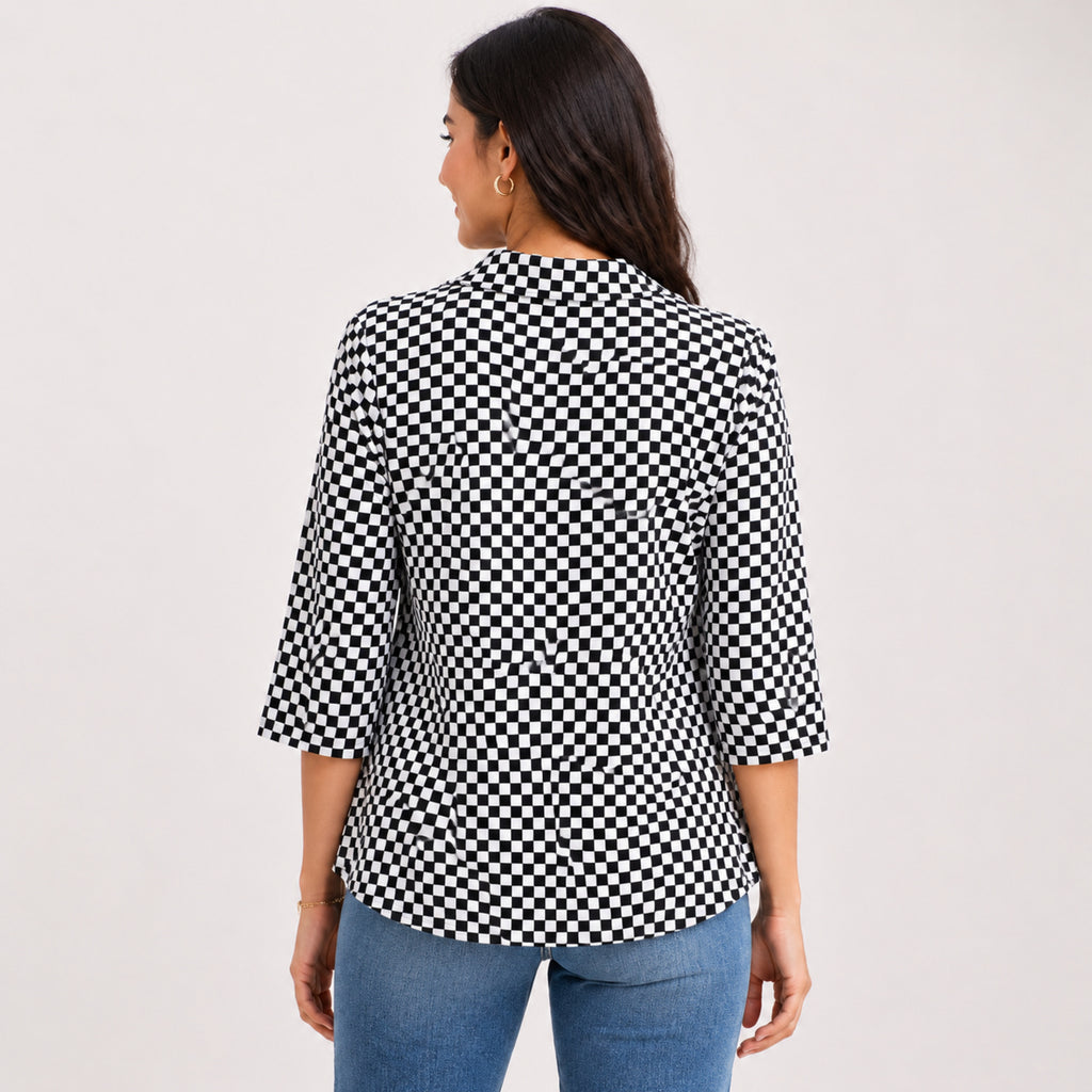 Women's Obsidian Midnight Black "Paris" Graphic Checkerboard Tunic Shirt-4