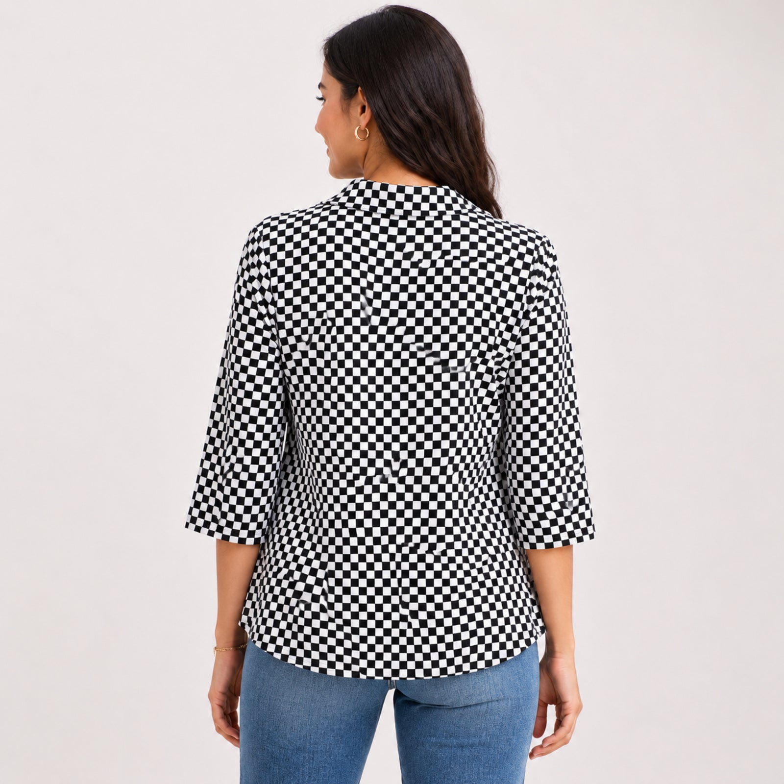 Women's Obsidian Midnight Black "Paris" Graphic Checkerboard Tunic Shirt-4