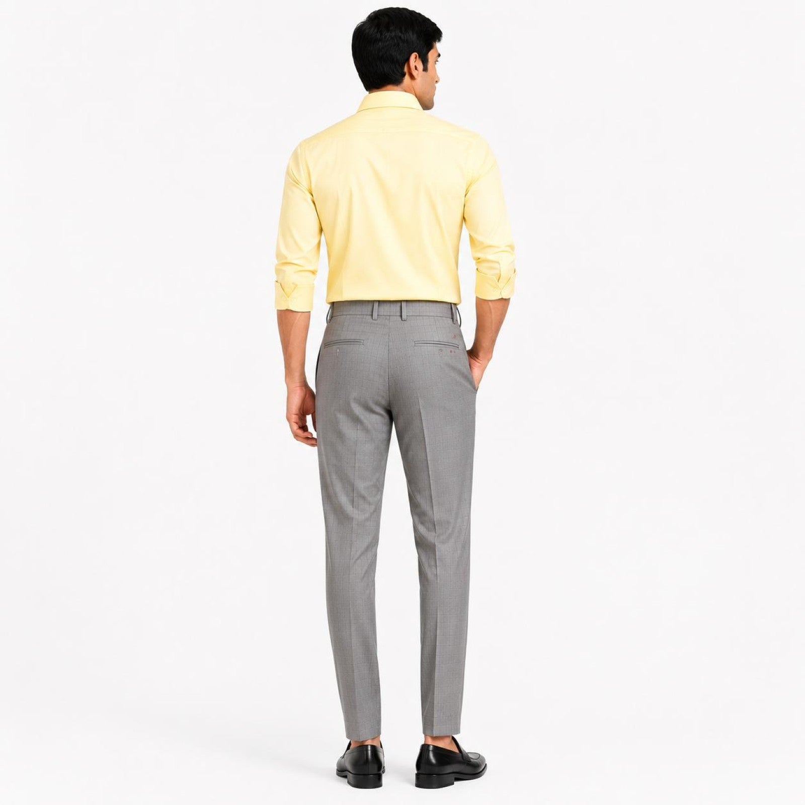 Men's Light Grey Checked Slim Fit Formal Trousers | Tailored Office Wear Pants-4