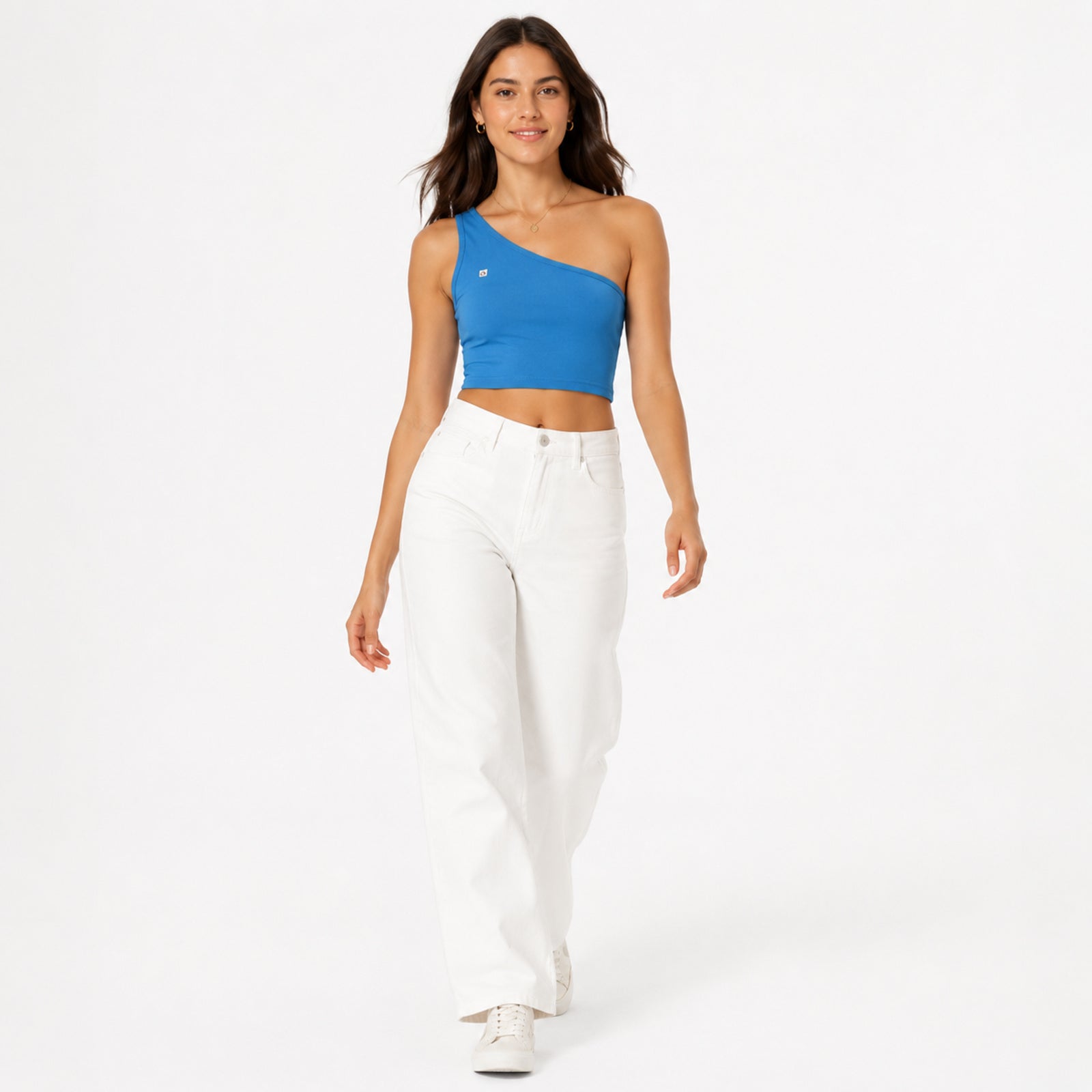 Women's Teal One Shoulder Crop Top | Solid Slim Fit Asymmetrical Casual Top-1