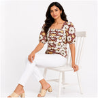 Women's Autumn Blossom Brown Printed Puff Sleeve Top-2