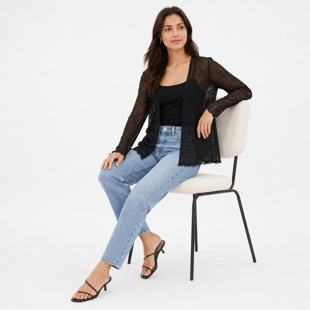 Women's Black Sheer Lace Front-Open Shrug with Scalloped Hem-2