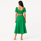 Women's Green Puff Sleeve Crop Top and Midi Skirt Co-Ord Set-4