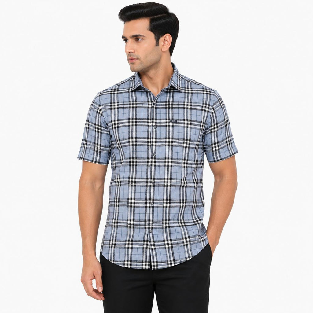 Men's Sky Blue Tartan Check Half Sleeve Shirt | Casual Summer Button-Front Shirt-1