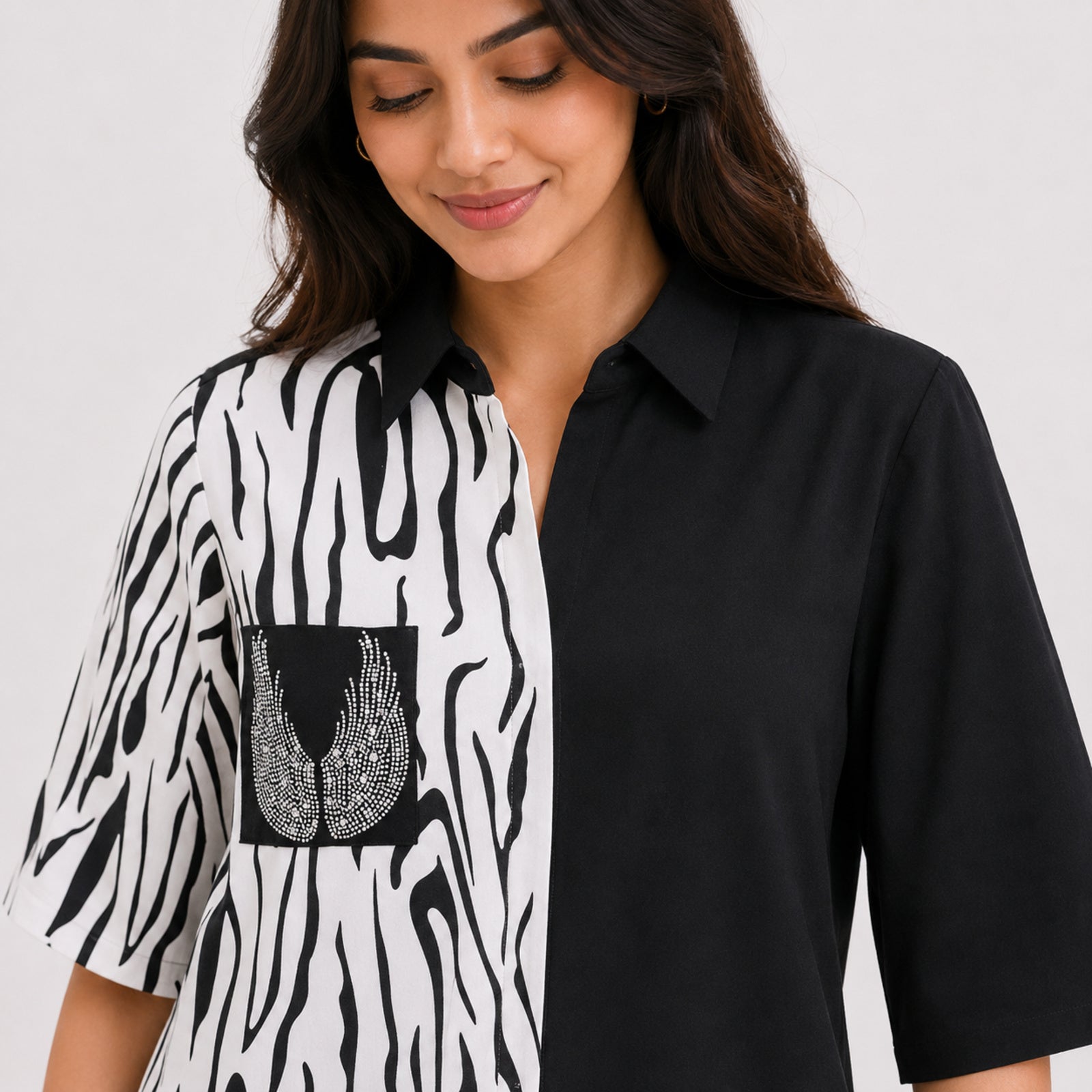 Women's Black & White Abstract Print Color Block Casual Top | Elegant Collared Smart Casual Blouse-3