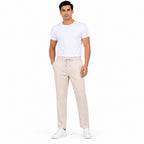 Men's Cream Textured Drawstring Waist Relaxed Casual Trousers-1