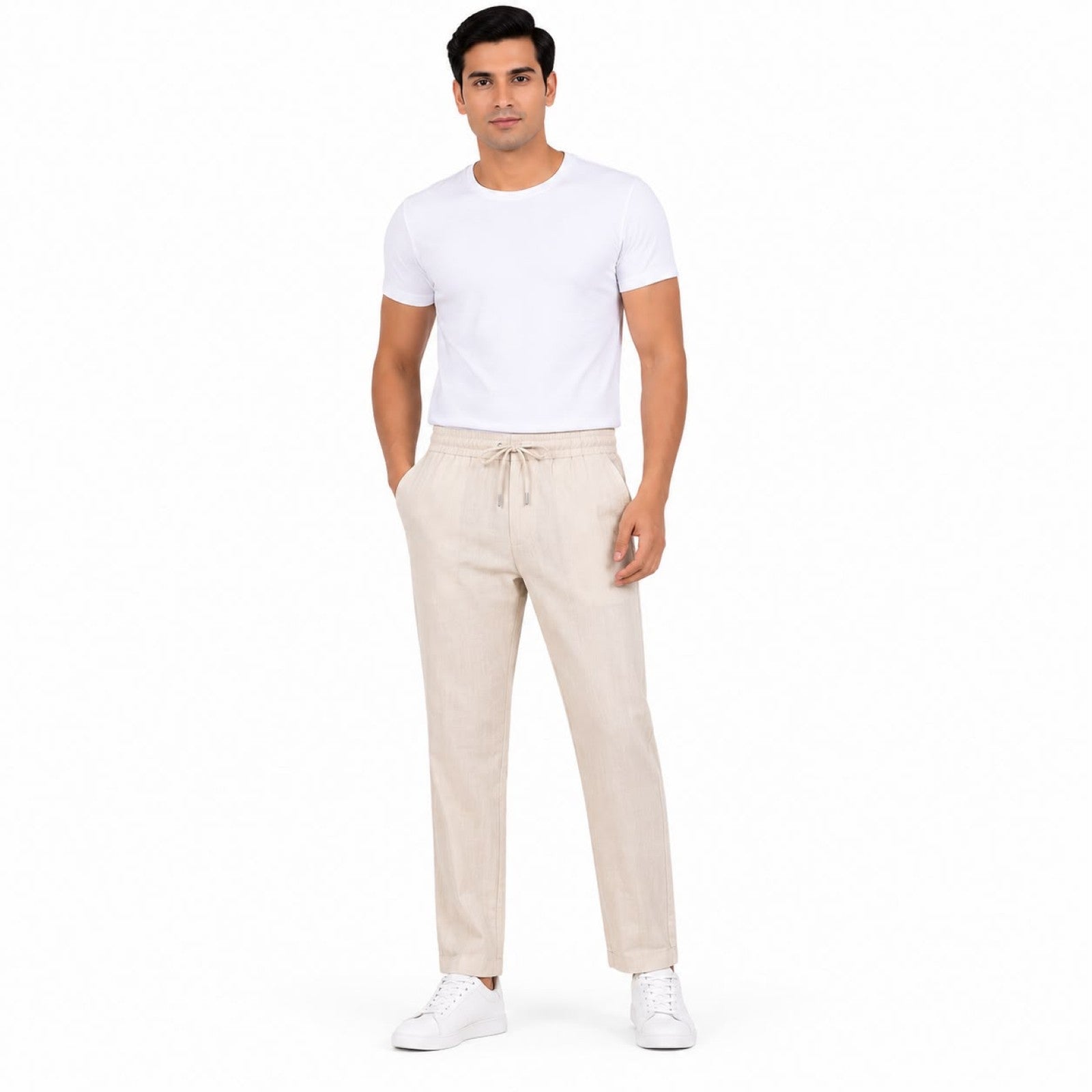 Men's Cream Textured Drawstring Waist Relaxed Casual Trousers-1