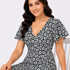 Women's Black Floral Print V-Neck Fit & Flare Mini Dress-3