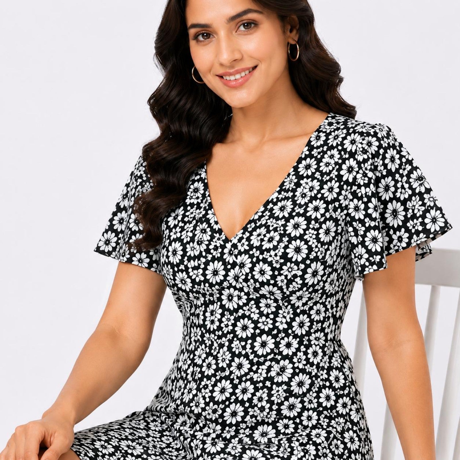 Women's Black Floral Print V-Neck Fit & Flare Mini Dress-3