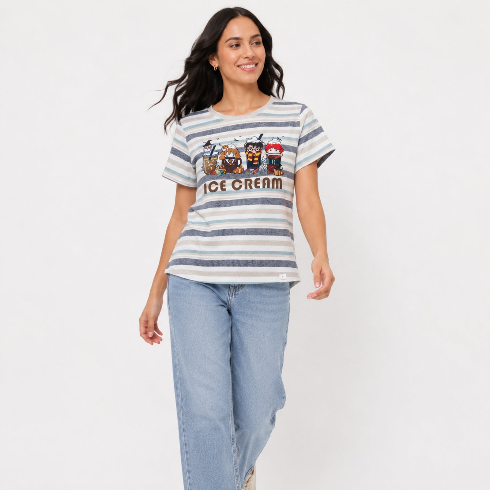 Women's Beige Striped Graphic Print Crew Neck T-Shirt-3