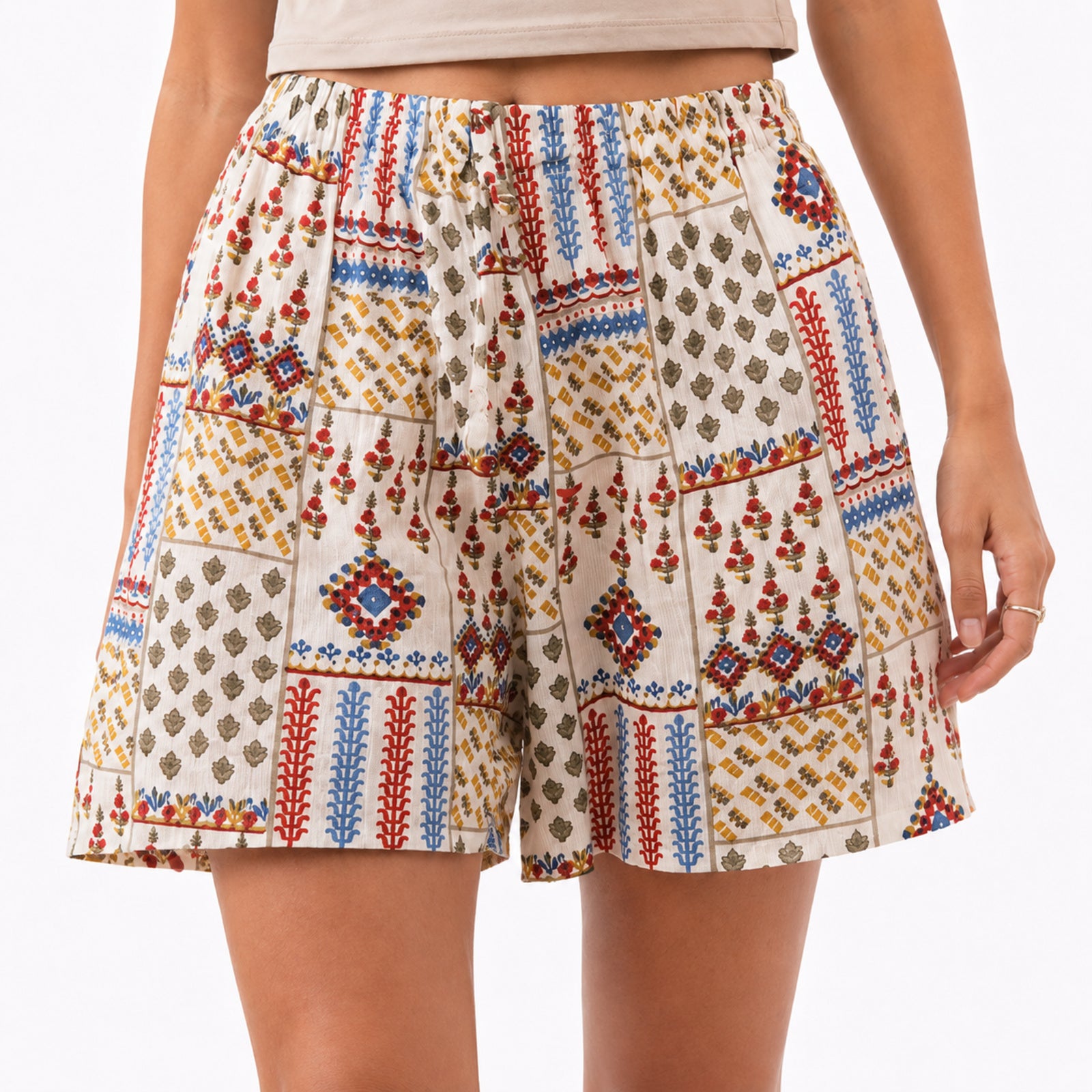 Women's Red Printed Elastic Waist Casual Lounge Shorts with Relaxed Fit-3