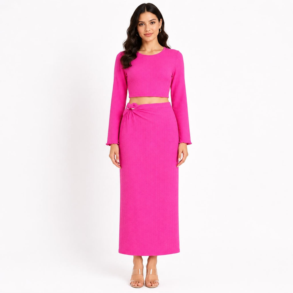 Women's Hot Pink Long Sleeve Crop Top and Maxi Skirt Co-Ord Set-1