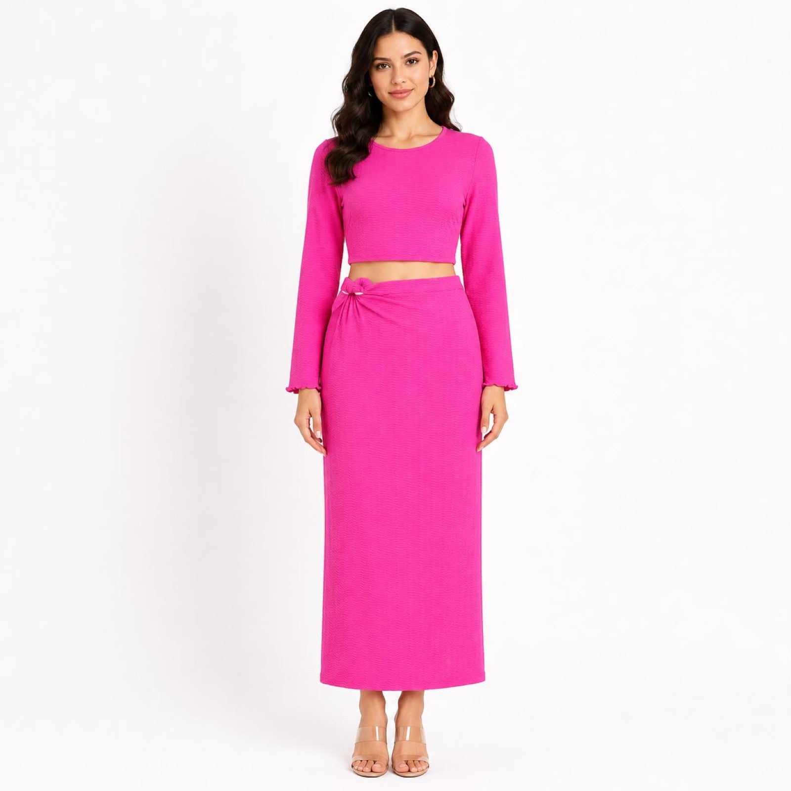 Women's Hot Pink Long Sleeve Crop Top and Maxi Skirt Co-Ord Set-1