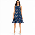 Women's Navy Blue Floral Printed Sleeveless Fit & Flare Knee Length Dress-1
