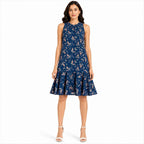Women's Navy Blue Floral Printed Sleeveless Fit & Flare Knee Length Dress-1
