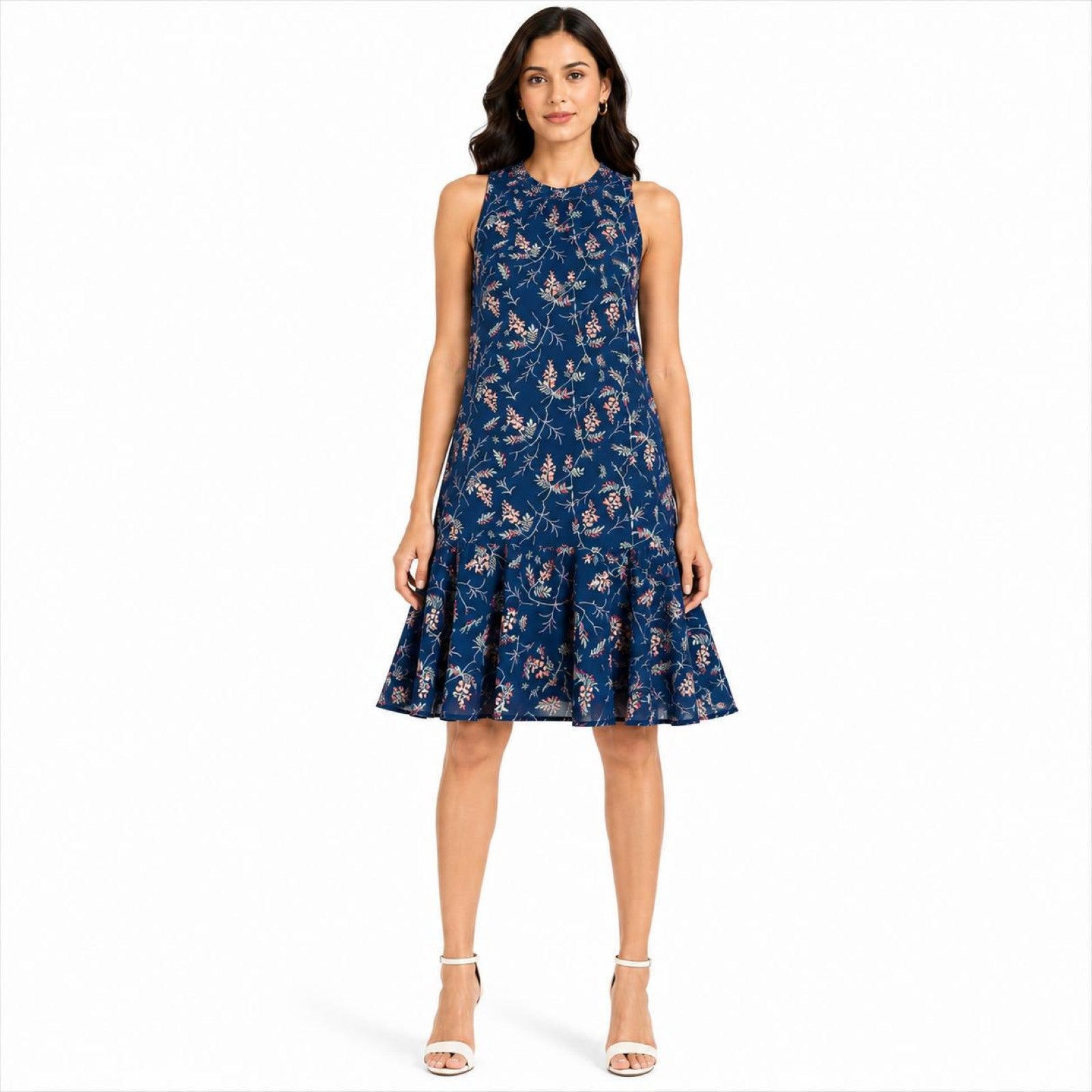 Women's Navy Blue Floral Printed Sleeveless Fit & Flare Knee Length Dress-1