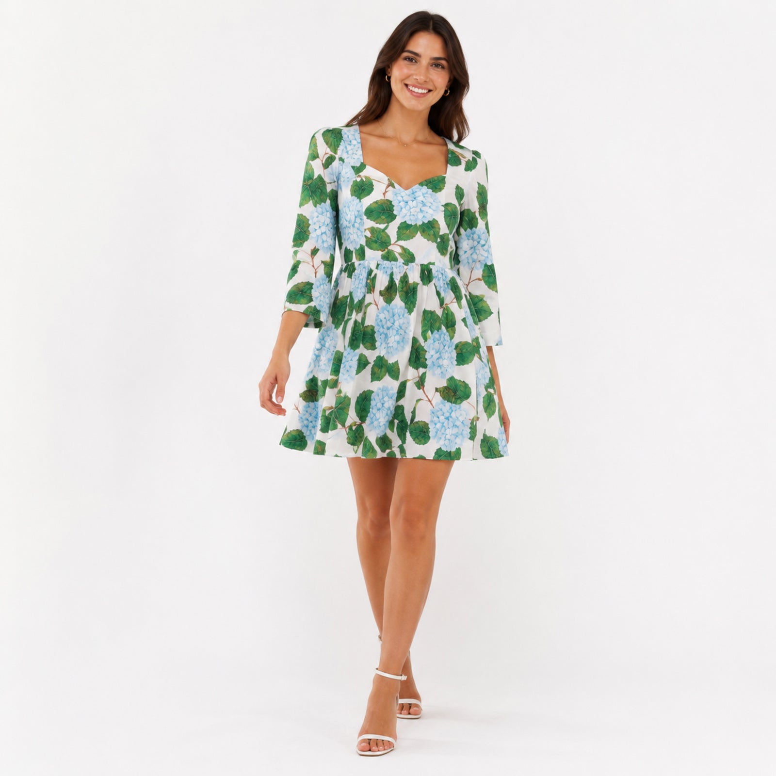 Women's Green Floral Print Sweetheart Neck Fit and Flare Mini Dress | Breezy Casual Day Dress-1