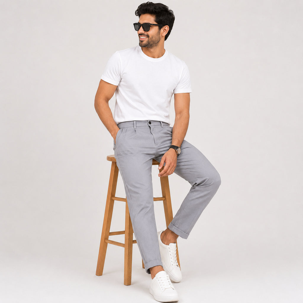 Men's Refined Light Grey Slim Fit Ankle-Length Formal Trousers-1