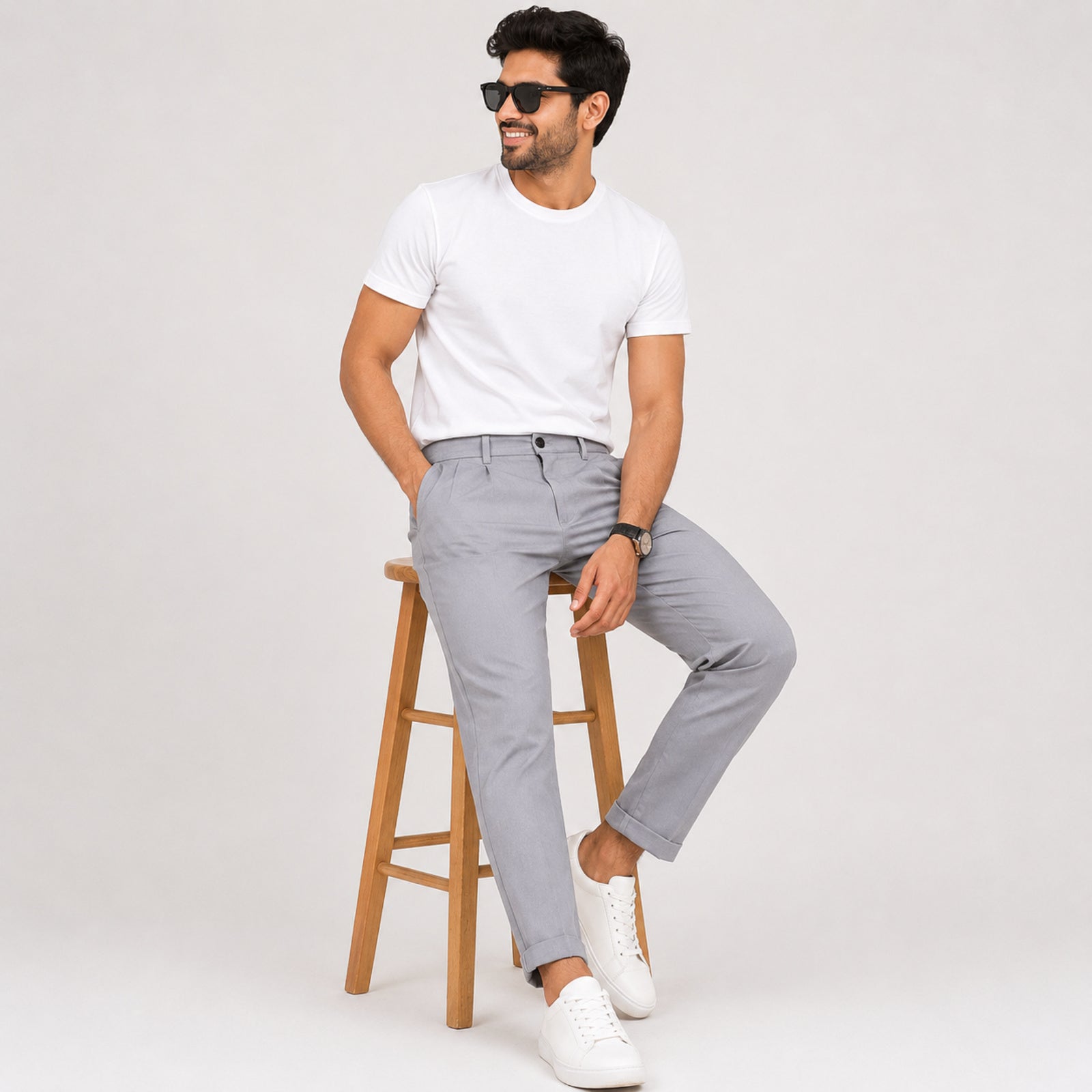 Men's Refined Light Grey Slim Fit Ankle-Length Formal Trousers-1